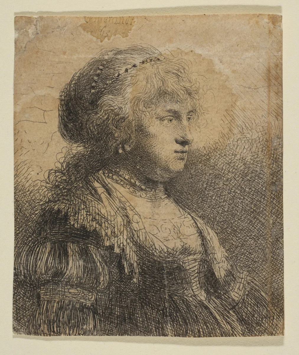 Saskia with Pearls in Her Hair by Rembrandt van Rijn, print, 1634