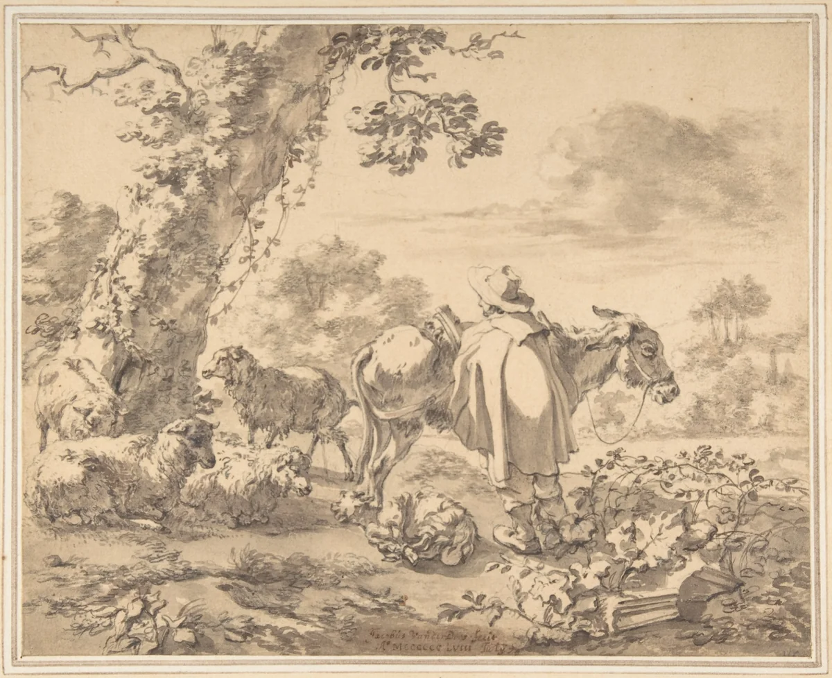 A Herdsman with a Donkey by Jacob van der Does, drawing, 1658