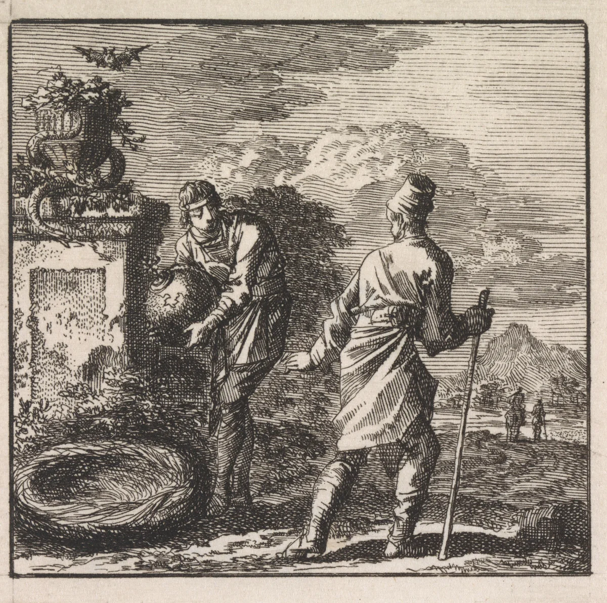 Man staat op het punt de wereld in een nest te leggen by Jan Luyken, print, 1710