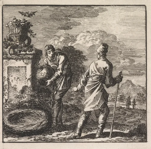 Man staat op het punt de wereld in een nest te leggen by Jan Luyken, print, 1710