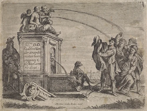 Groep mensen bij fontein by Cornelis de Wael, print, 1630-1654