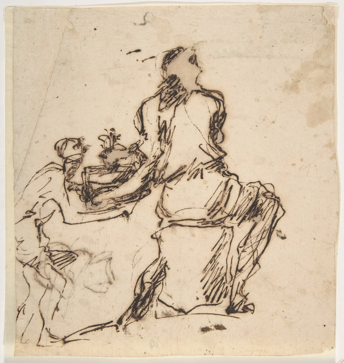 Seated Figure Receiving an Object Presented by a Smaller Figure by Micco Spadaro, drawing, 1609-1675