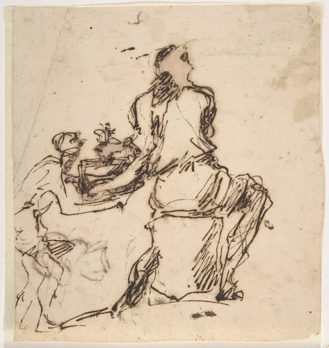Seated Figure Receiving an Object Presented by a Smaller Figure by Micco Spadaro, drawing, 1609-1675