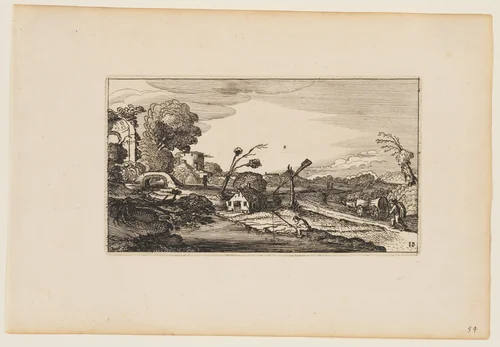 Path to Right of Water; Roman Ruins Beyond at Left, from Twelve landscapes with Figures by Gillis van Scheyndel, print, 1624