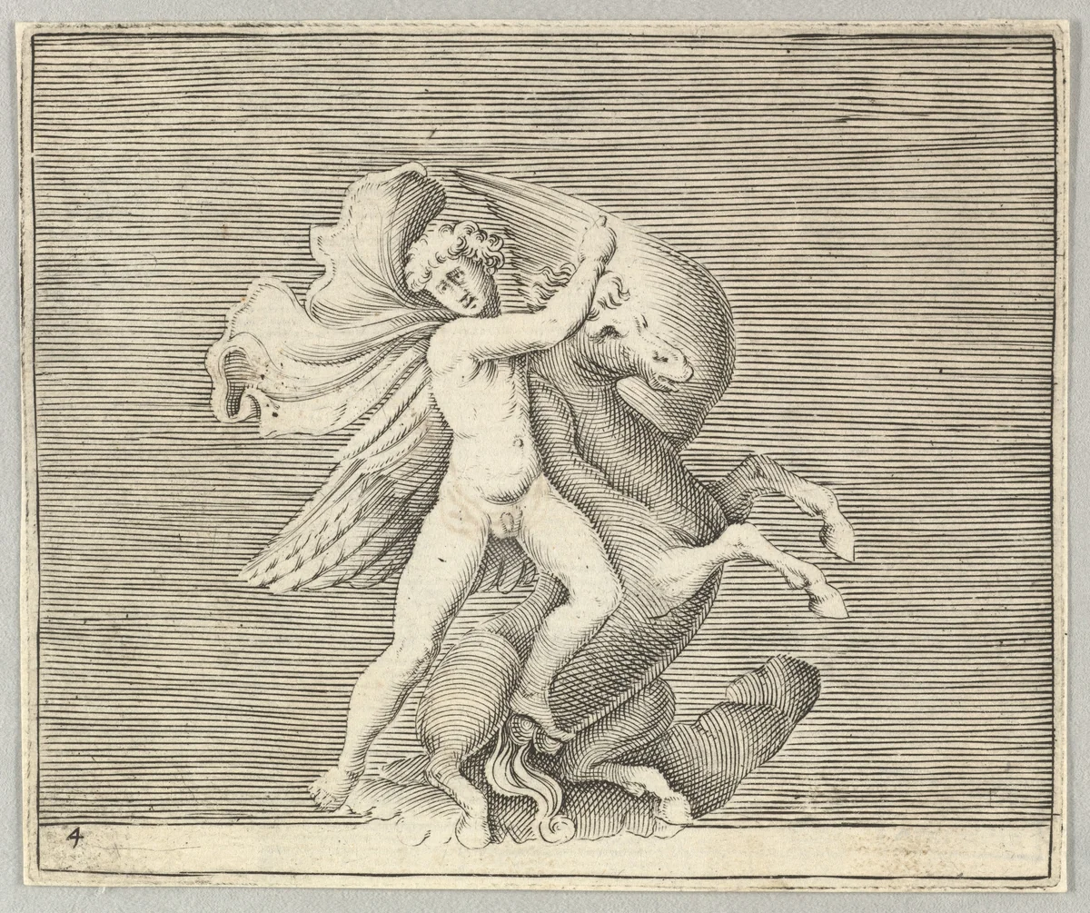 Man Grappling with Winged Horse, from "Ex Antiquis Cameorum et Gemmae Delineata/ Liber Secundus/et ab Enea Vico Parmen Incis" by anonymous, print, 1599-1622
