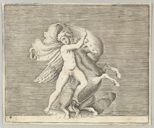 Man Grappling with Winged Horse, from "Ex Antiquis Cameorum et Gemmae Delineata/ Liber Secundus/et ab Enea Vico Parmen Incis" by anonymous, print, 1599-1622