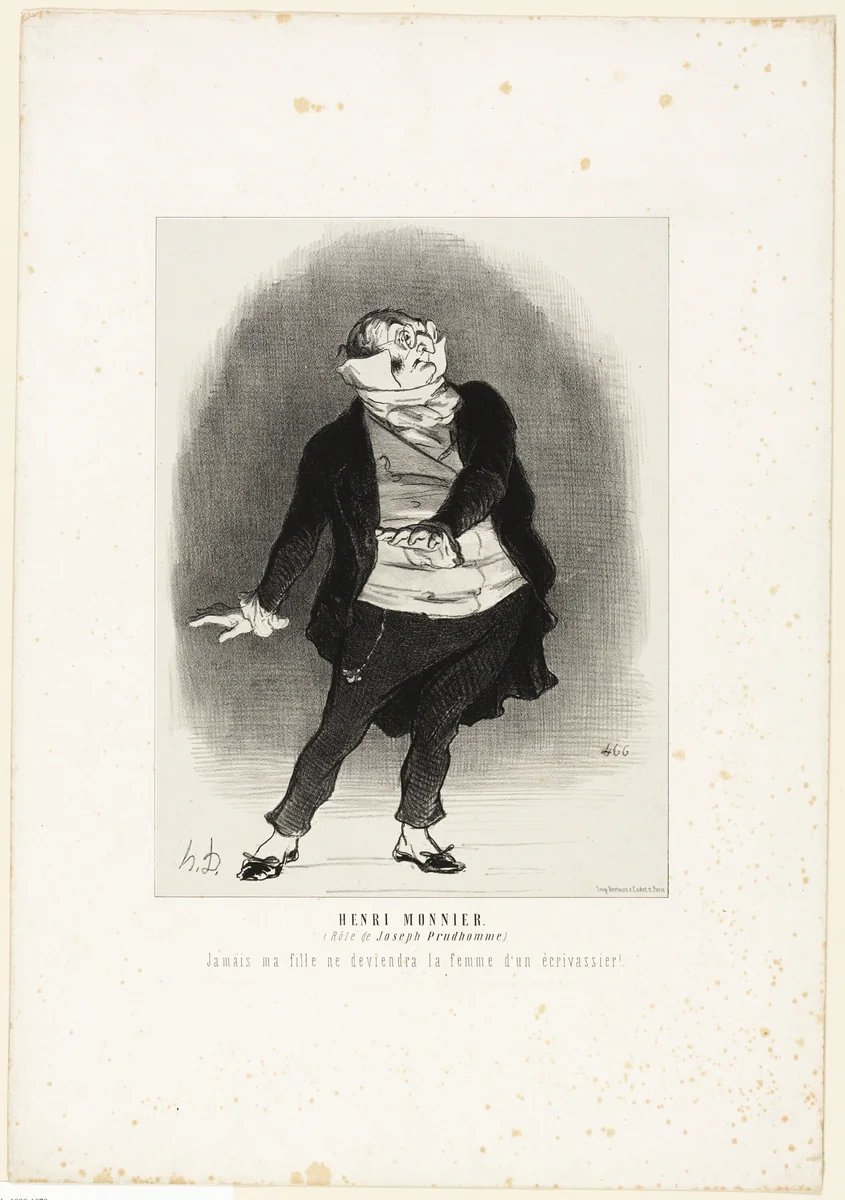 Henri Monnier. (in the role of Joseph Prudhomme) “- Never shall I allow that my daughter becomes the wife of a scribbler!,” plate 1 from Les Artistes Contemporains (Odéon) by Honoré-Victorin Daumier, print, 1852