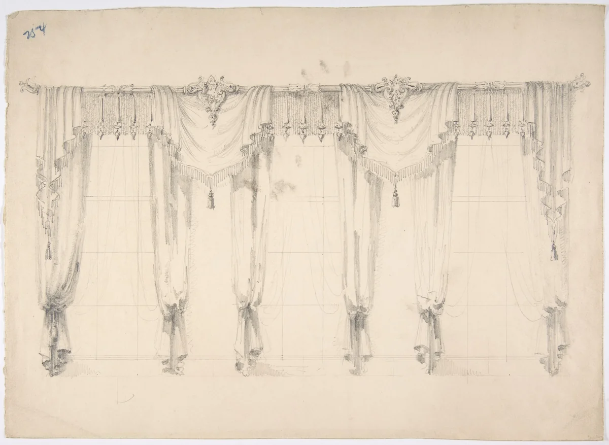 Design for Fringed Curtains Surrounding Three Windows by anonymous, drawing, 1800-1850