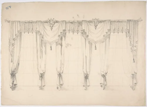 Design for Fringed Curtains Surrounding Three Windows by anonymous, drawing, 1800-1850