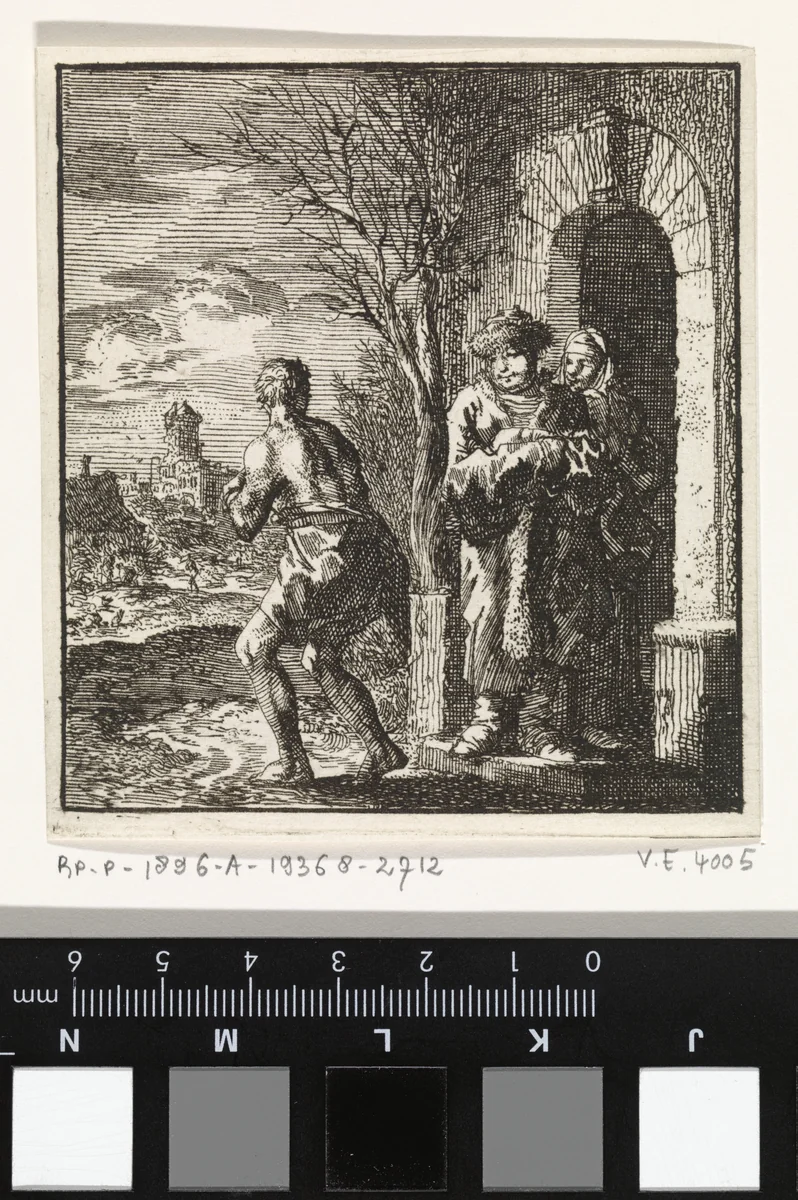 Man met pelsjas en bontmuts kijkt naar bijna geheel naakte man by Jan Luyken, print, 1711