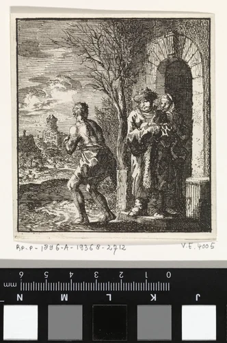 Man met pelsjas en bontmuts kijkt naar bijna geheel naakte man by Jan Luyken, print, 1711