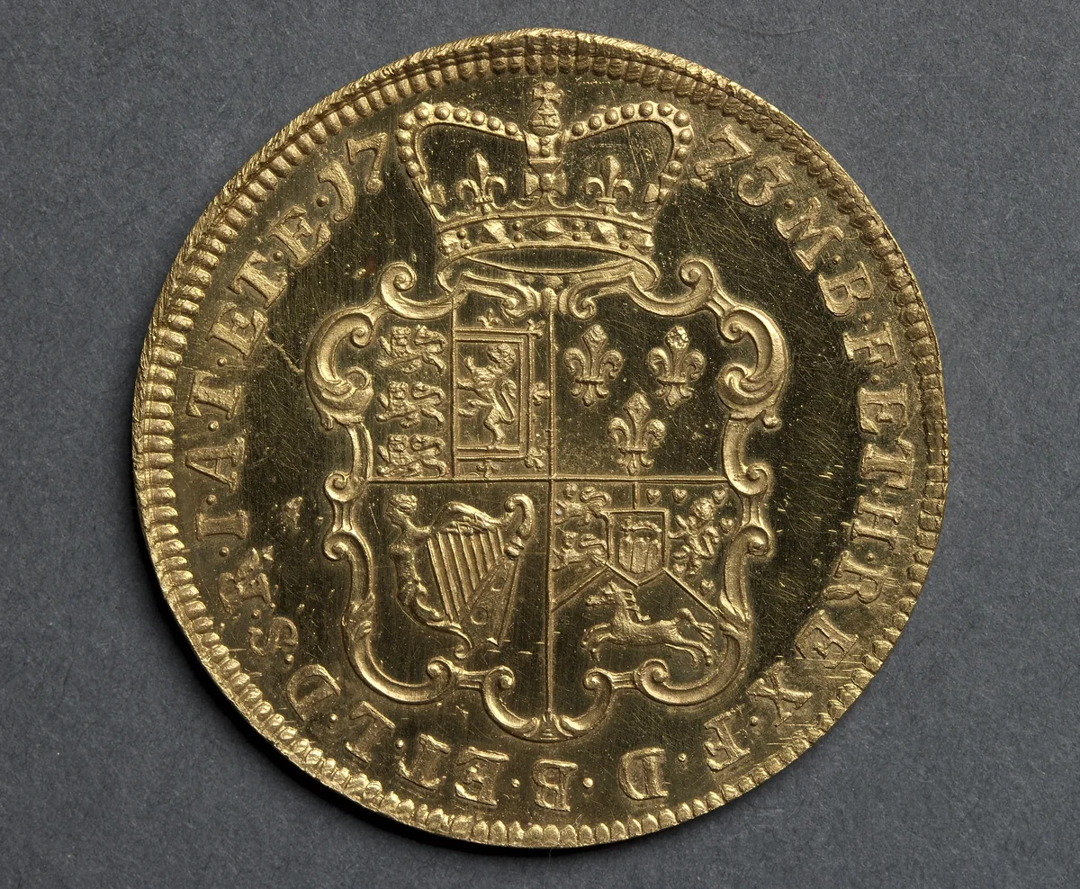 Two Guinea Piece: Ornate Crowned Shield of Arms (reverse) by John Sigismund Tanner, metalwork, 1773