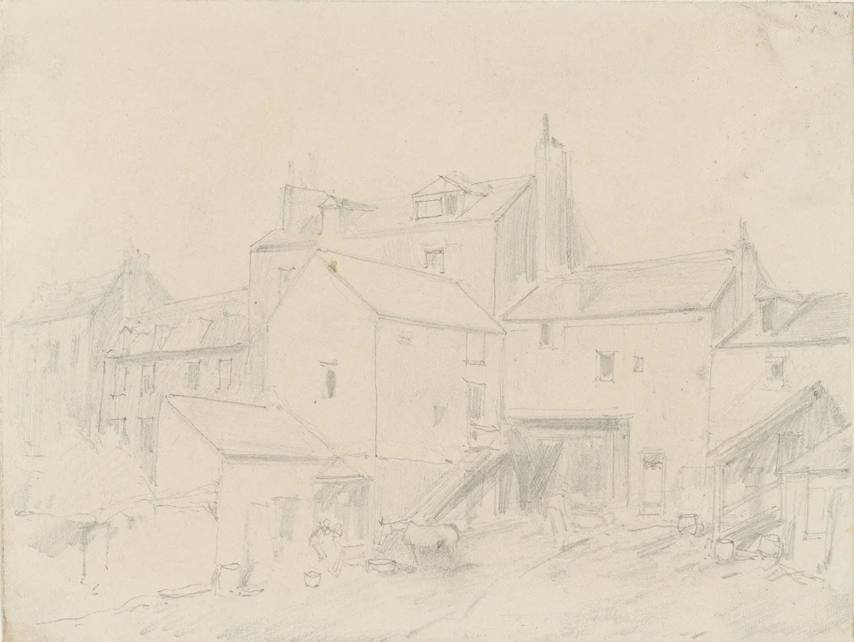 Achterkant van huizen, met een paard rustend op een binnenplaats by Louis-Adolphe Hervier, drawing, 1828-1879