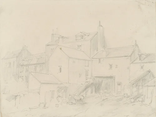 Achterkant van huizen, met een paard rustend op een binnenplaats by Louis-Adolphe Hervier, drawing, 1828-1879