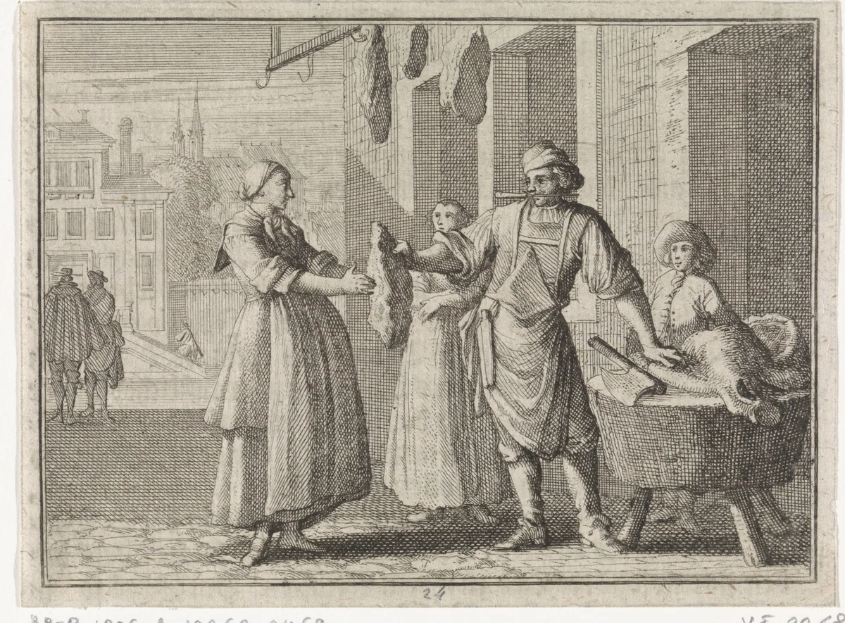 Zwangere vrouw ontvangt een stuk ossenvlees by Caspar Luyken, print, 1710