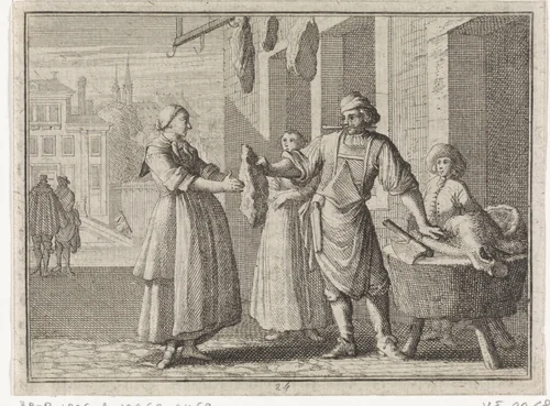 Zwangere vrouw ontvangt een stuk ossenvlees by Caspar Luyken, print, 1710