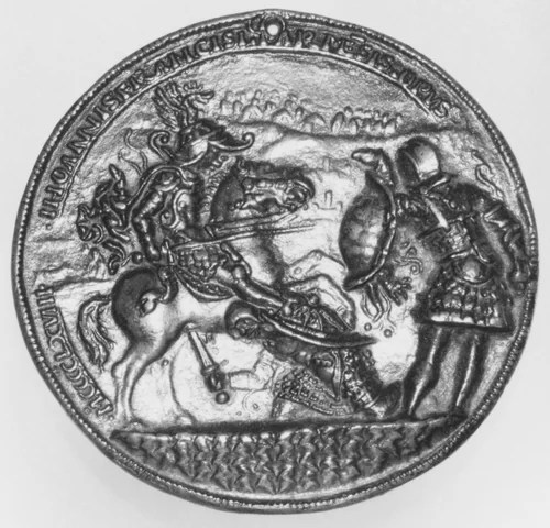 A horseman fighting two foot soldiers by Gian Francesco Enzola, metalwork, 1468
