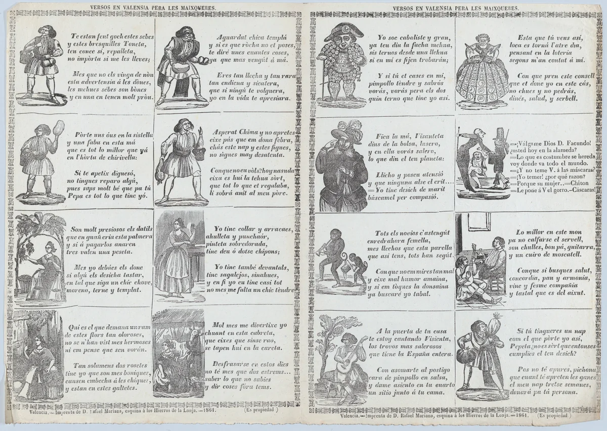 Two sheets (printed as one) with verses in Valencian for masquerades by Rafael Mariana, print, 1861