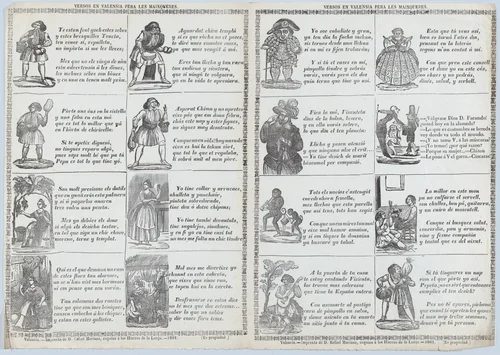 Two sheets (printed as one) with verses in Valencian for masquerades by Rafael Mariana, print, 1861