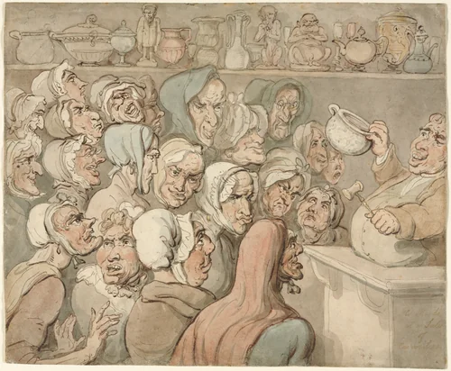 Old Maids at a Sale of Curiosities by Thomas Rowlandson, drawing, 1771-1827
