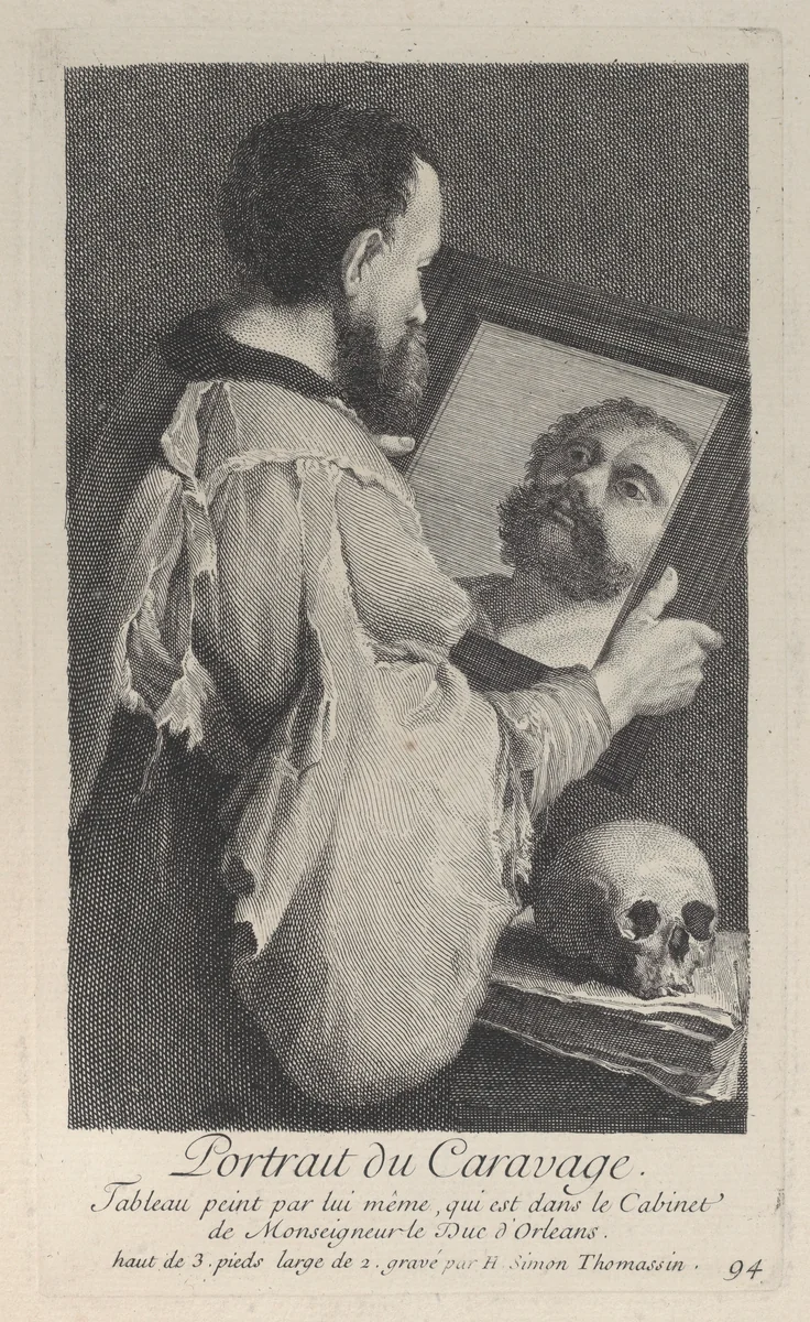 Portrait of Caravaggio, turned to the right and looking at his reflection in a mirror by Henri-Simon Thomassin, print, 1707-1741