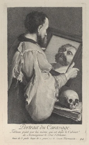 Portrait of Caravaggio, turned to the right and looking at his reflection in a mirror by Henri-Simon Thomassin, print, 1707-1741