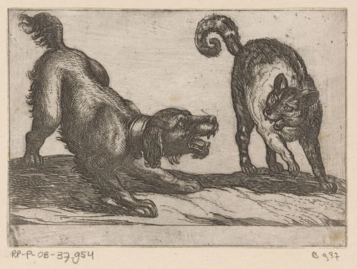 Een hond vechtend met een kat by Antonio Tempesta, print, 1600