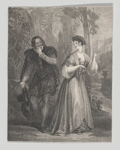 Beatrice and Benedick (Shakespeare, Much Ado About Nothing, Act 2, Scene 3) by Charles Heath, print, 1825-1840