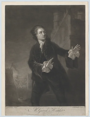 Mr. Garrick in Hamlet, Act 1, Scene 4 by James McArdell, print, 1754