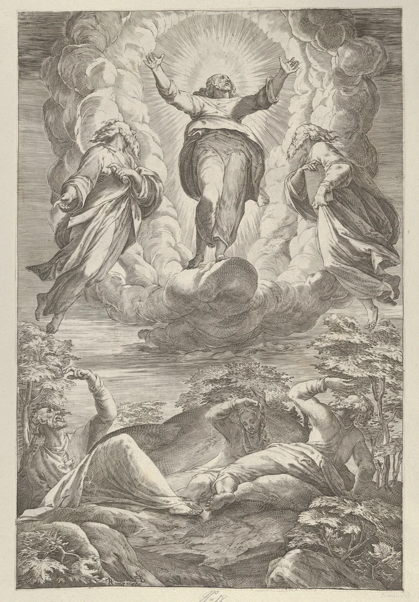 The Transfiguration with Christ flanked by two saints and with the Apostles below by Cherubino Alberti, print, 1570-1615