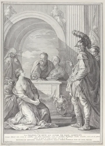 Jephthah's daughter kneeling by the sacrificial altar, with her father standing at right by Pietro Monaco, print, 1730-1750