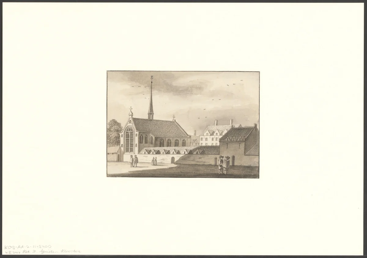 Gezicht op de Oudezijds Achterburgwal gezien naar het Sint Agnietenklooster by anonymous, drawing, 1700-1799