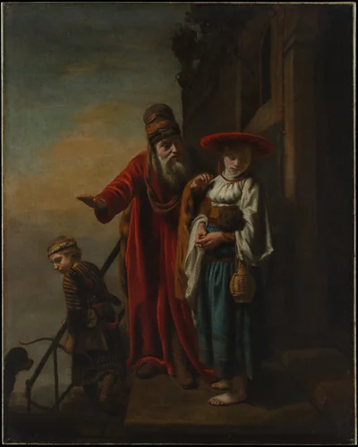 Abraham Dismissing Hagar and Ishmael by Nicolaes Maes, painting, 1653