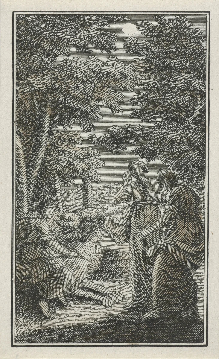 Drie vrouwen en een draak by Jacob Folkema, print, 1703-1767