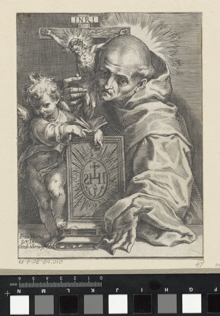 De heilige Bernardinus van Siena met crucifix en putto by Unknown, print, 1563-1615
