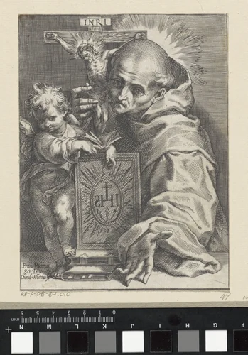 De heilige Bernardinus van Siena met crucifix en putto by Unknown, print, 1563-1615