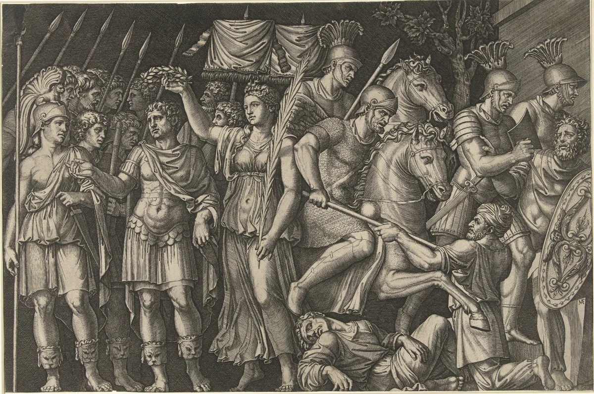Keizer Trajanus gekroond door Victoria staat naast vrouwelijke personificatie van Rome en Romeinen in gevecht met Daciërs by Unknown, print, 1520-1525