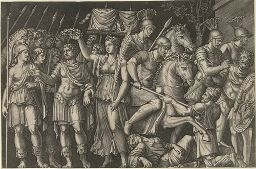 Keizer Trajanus gekroond door Victoria staat naast vrouwelijke personificatie van Rome en Romeinen in gevecht met Daciërs by Unknown, print, 1520-1525