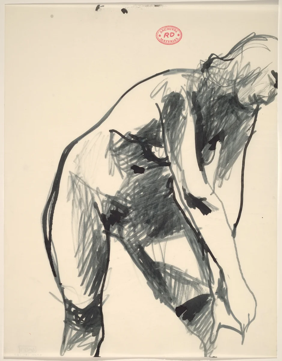 Untitled [standing nude reaching down to adjust her stocking] by Richard Diebenkorn, drawing, 1955-1967