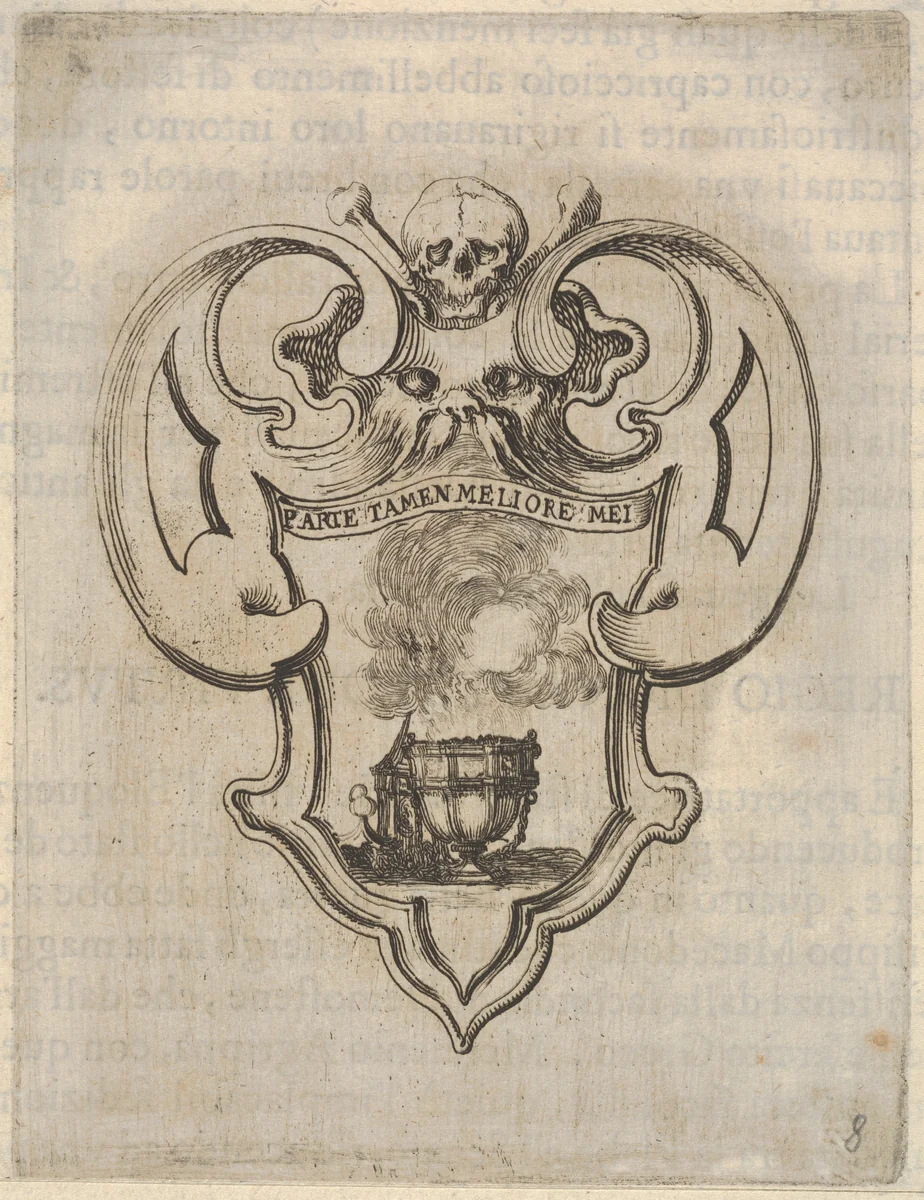 A cartouche with a censer, a skull and crossbones and a grotesque face at top, from "Eight Emblems for the Funeral of Francesco de Medici" (Huit emblèmes pour les funérailles du prince François de Médicis) by Stefano della Bella, print, 1640-1660