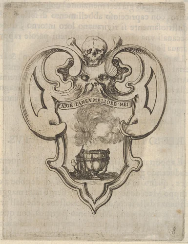 A cartouche with a censer, a skull and crossbones and a grotesque face at top, from "Eight Emblems for the Funeral of Francesco de Medici" (Huit emblèmes pour les funérailles du prince François de Médicis) by Stefano della Bella, print, 1640-1660