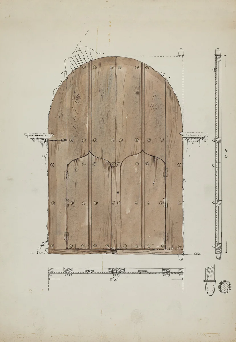 Restoration Drawing of Original "Needle's Eye"Doors, Formerly Main Entrance Doors of by Geoffrey Holt, index of american design, 1936