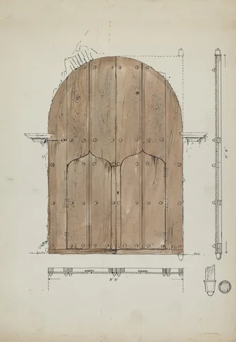 Restoration Drawing of Original "Needle's Eye"Doors, Formerly Main Entrance Doors of by Geoffrey Holt, index of american design, 1936