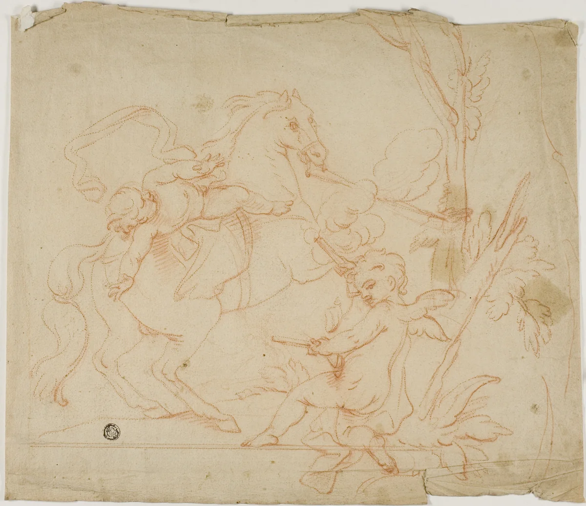 Putto Firing at Putto on Horseback by Charles Le Brun, drawing, 1600-1699