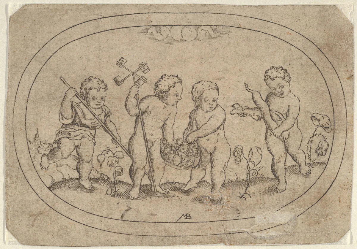 Four Putti, from Das Bossenbüchlein by Mathais Beitler, print, 1577-1587