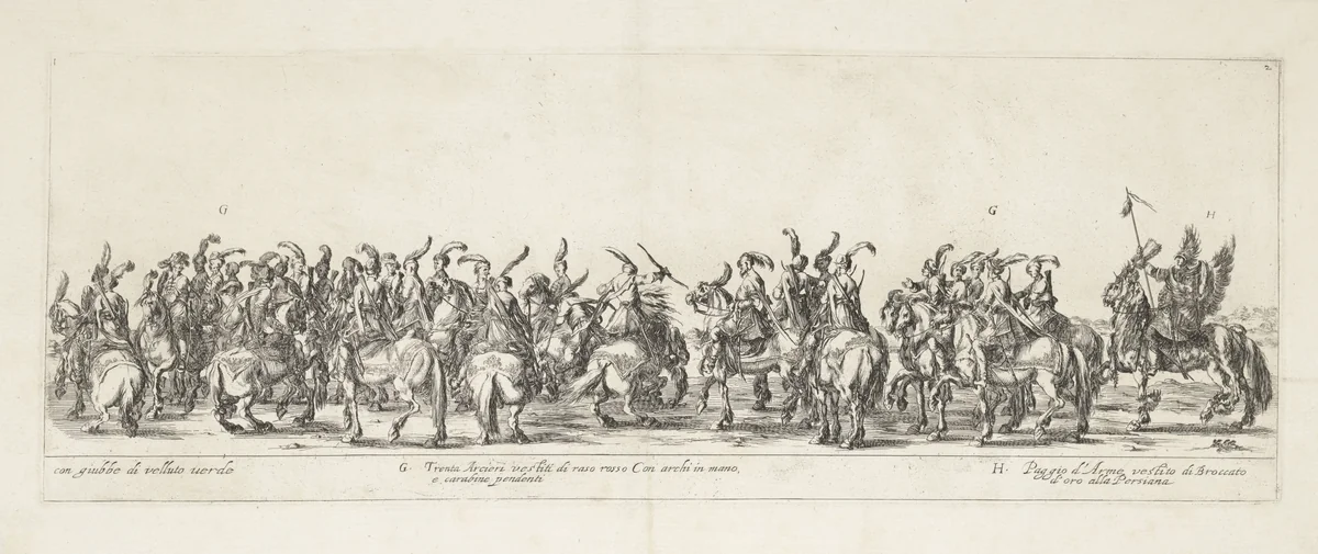 Deel van een processie met mannen te paard by Stefano della Bella, print, 1620-1664