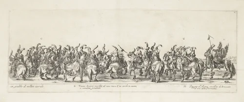 Deel van een processie met mannen te paard by Stefano della Bella, print, 1620-1664