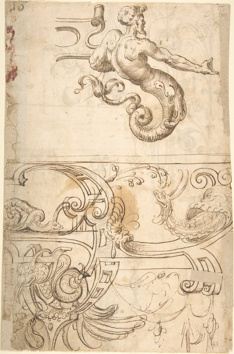 Various Designs of Strapwork and Grotesque Figures (recto); Grotesques with Term Figures (verso) by Andrés de Melgar, drawing, 1500-1599