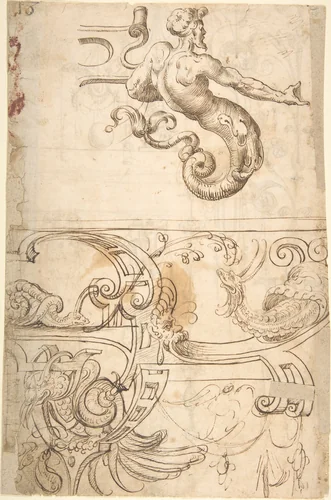 Various Designs of Strapwork and Grotesque Figures (recto); Grotesques with Term Figures (verso) by Andrés de Melgar, drawing, 1500-1599
