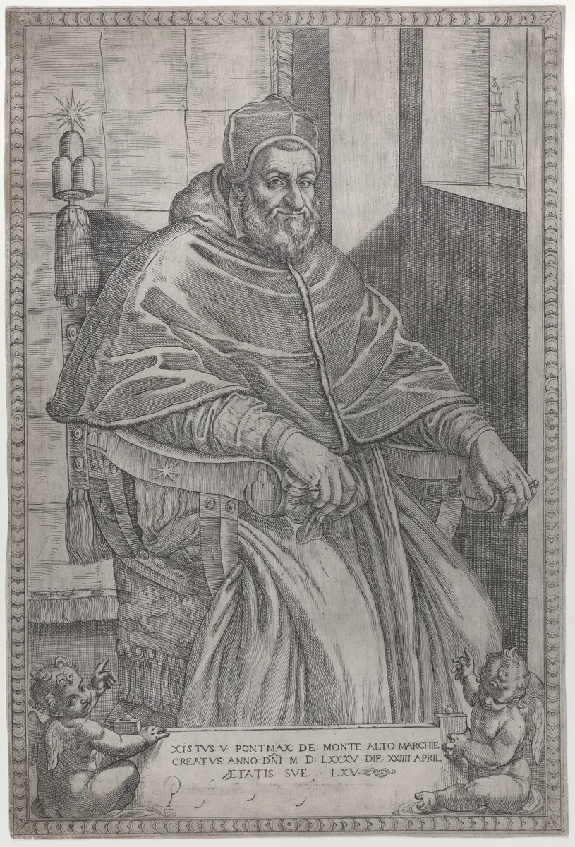 Portrait of Pope Sixtus V by Pietro Facchetti, print, 1585